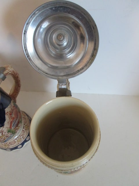 Two Vintage German Handpainted Stoneware Steins with Hinged Pewter Lids - 4
