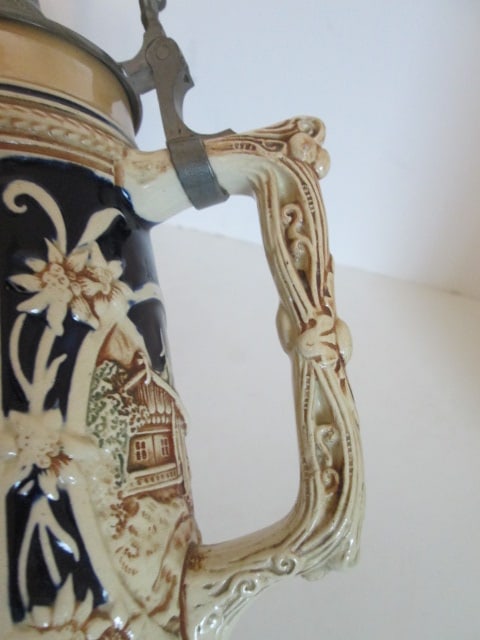 Two Vintage German Handpainted Stoneware Steins with Hinged Pewter Lids - 5