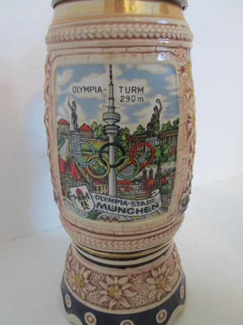 Two Vintage German Handpainted Stoneware Steins with Hinged Pewter Lids - 8