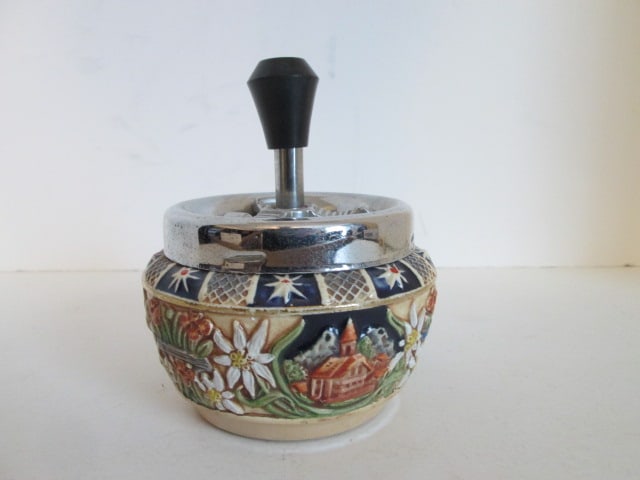 Vintage German Handpainted Stoneware Push Button Smokeless Ashtray: 5"h