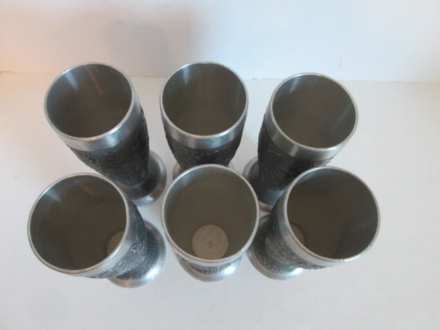 Six Vintage German Pewter Embossed Pastoral/Hunting Scene and Scrollwork Pilsner Beakers - 2