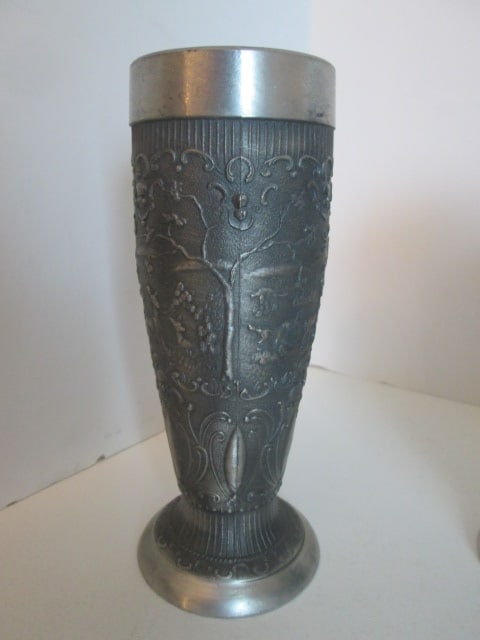 Six Vintage German Pewter Embossed Pastoral/Hunting Scene and Scrollwork Pilsner Beakers - 3