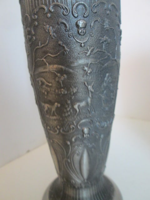 Six Vintage German Pewter Embossed Pastoral/Hunting Scene and Scrollwork Pilsner Beakers - 4