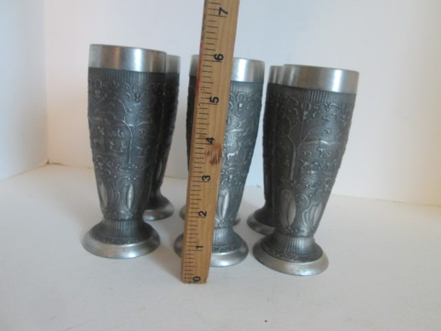 Six Vintage German Pewter Embossed Pastoral/Hunting Scene and Scrollwork Pilsner Beakers - 7