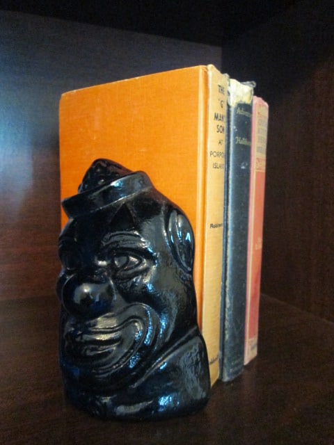Pair of Vintage Wheaton Blue Glass Clown Bookends with Three Turn of the 20th Century Books: Bookends 6 1/4"h, see pictures and preview for dates and titles of books
