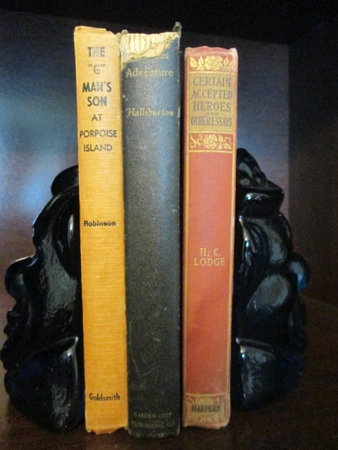 Pair of Vintage Wheaton Blue Glass Clown Bookends with Three Turn of the 20th Century Books - 3