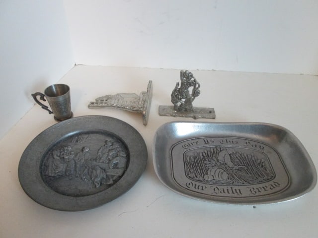 Pewter "Give Us This Day" Bread Plate, Tavern Bas-Relief Scene Plaque, Shot Cup and (1 of 8)