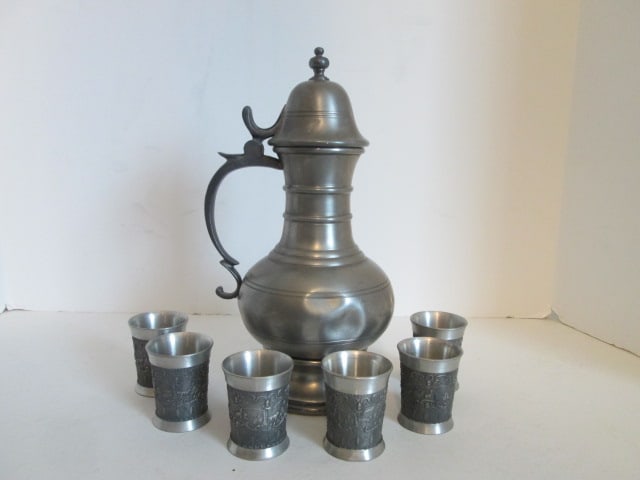Vintage German Pewter Pitcher and Six Embossed Pastoral/Hunting Scene and Scrollwork (1 of 8)