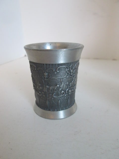 Vintage German Pewter Pitcher and Six Embossed Pastoral/Hunting Scene and Scrollwork - 2