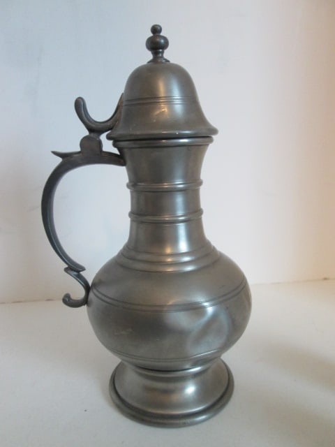 Vintage German Pewter Pitcher and Six Embossed Pastoral/Hunting Scene and Scrollwork - 5