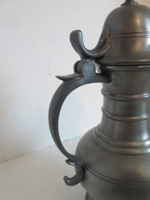 Vintage German Pewter Pitcher and Six Embossed Pastoral/Hunting Scene and Scrollwork - 7