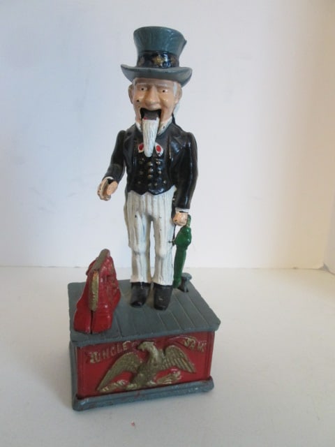 Handpainted Cast Metal "Uncle Sam" Mechanical Coin Bank: 11 1/4"h, need coin stopper