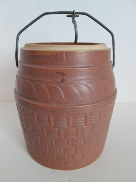 Basket Weave Design USA Stoneware Salt Glaze Vessel with Bail Handle: 8 1/2"h(not including handle)