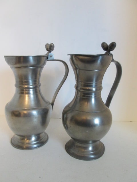 Two German Pewter Pitchers with Acorn Finial Hinged Lids: 10 1/2"h, few dings