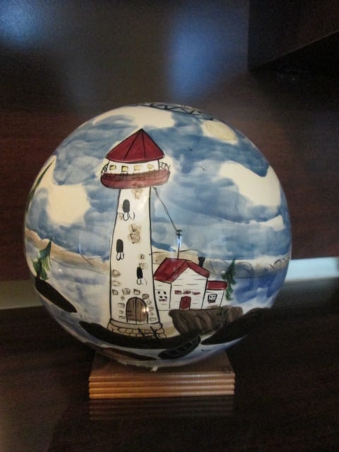 2000 Blue Sky Corp. Clayworks by Heather Goldminc Handpainted Ceramic Lighthouse Luminary: 10"dia, crazing