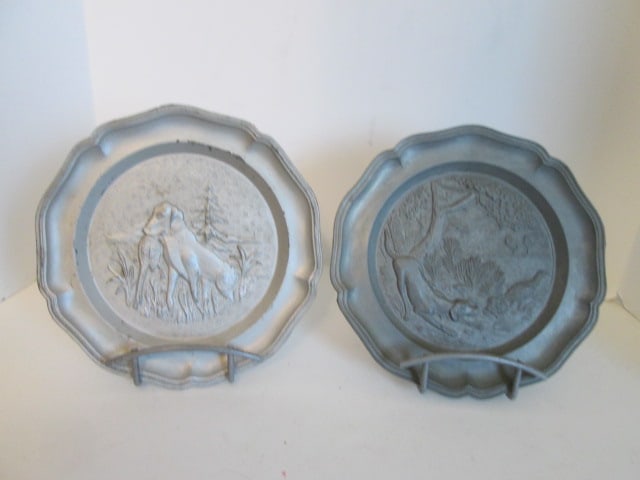 Two Pewter Pheasant Bird Dog Bas-Relief Hunt Scene Plaques: 9"dia, includes tabletop easels