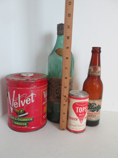 Vintage "Velvet" Tobacco Tin, "Tops" Mild Scotch Snuff Tin, "Blatz" Beer Bottle and - 12