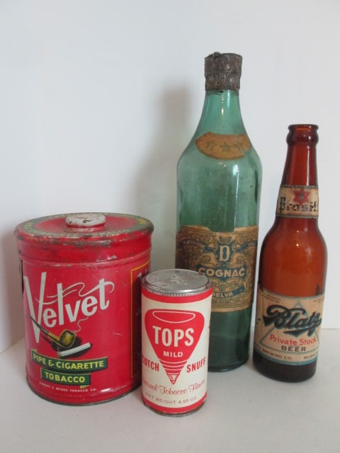 Vintage "Velvet" Tobacco Tin, "Tops" Mild Scotch Snuff Tin, "Blatz" Beer Bottle and: "Delva" Cognac Bottle