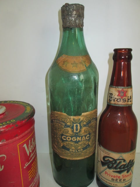 Vintage "Velvet" Tobacco Tin, "Tops" Mild Scotch Snuff Tin, "Blatz" Beer Bottle and - 6