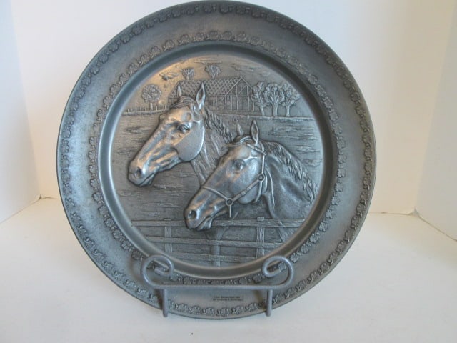 Vintage Rolf Trautwein Volkssportartikel West German Pewter Equestrian Bas-Relief: of Two Horse Heads Plaque with Tabletop Easel. 11 7/8"dia