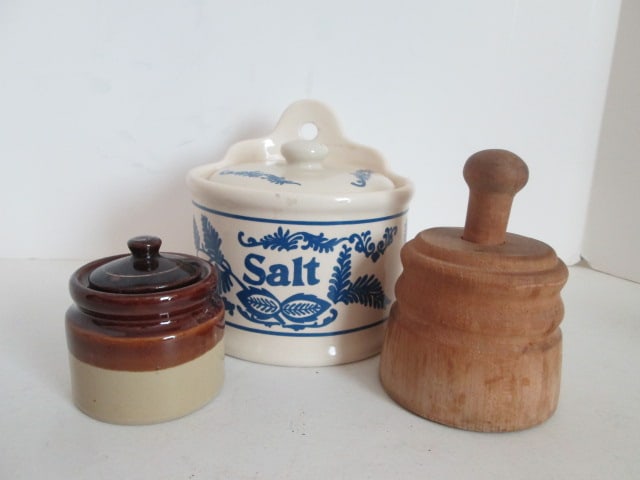 Ceramic Salt Cellar, Wood Butter Mold and Miniature Brown/White Stoneware Crock: .