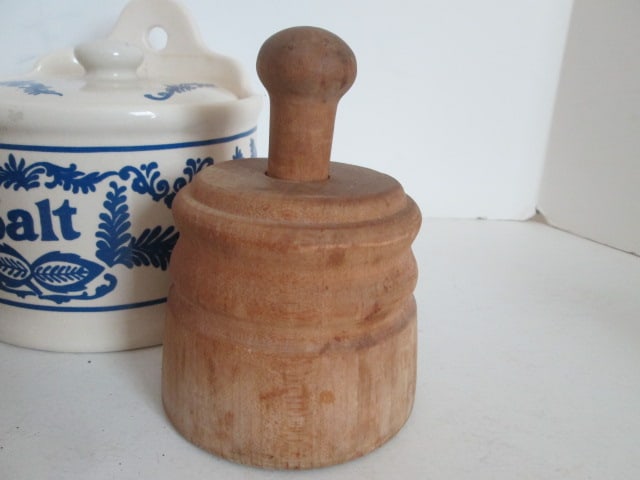 Ceramic Salt Cellar, Wood Butter Mold and Miniature Brown/White Stoneware Crock - 2