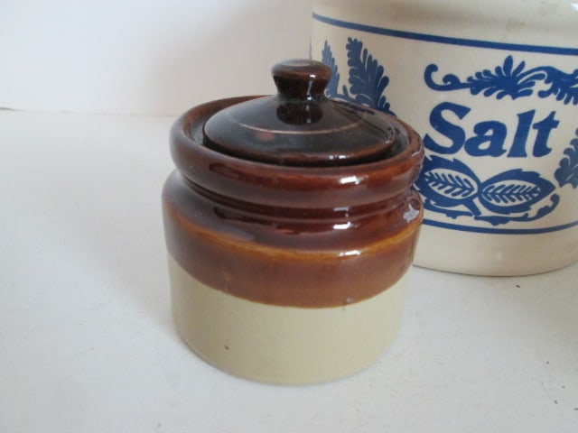 Ceramic Salt Cellar, Wood Butter Mold and Miniature Brown/White Stoneware Crock - 4