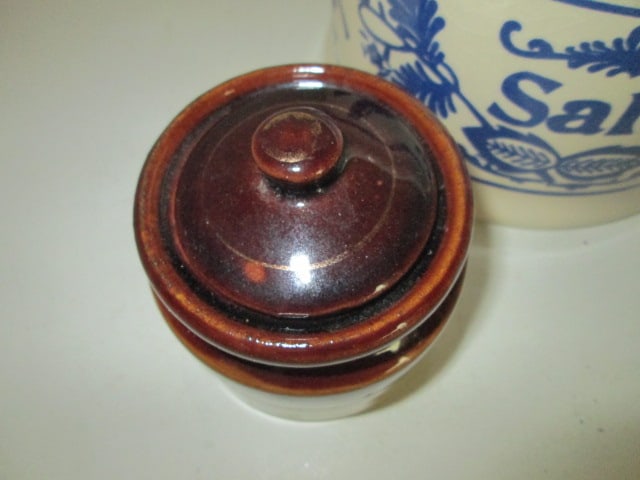Ceramic Salt Cellar, Wood Butter Mold and Miniature Brown/White Stoneware Crock - 5