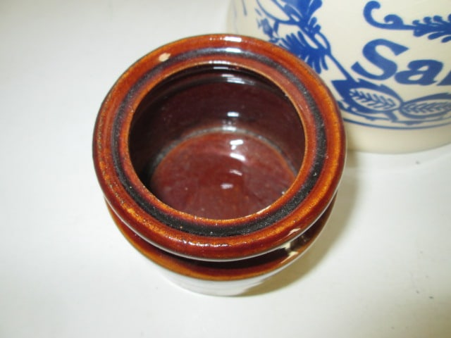 Ceramic Salt Cellar, Wood Butter Mold and Miniature Brown/White Stoneware Crock - 6