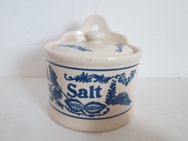 Ceramic Salt Cellar, Wood Butter Mold and Miniature Brown/White Stoneware Crock - 7