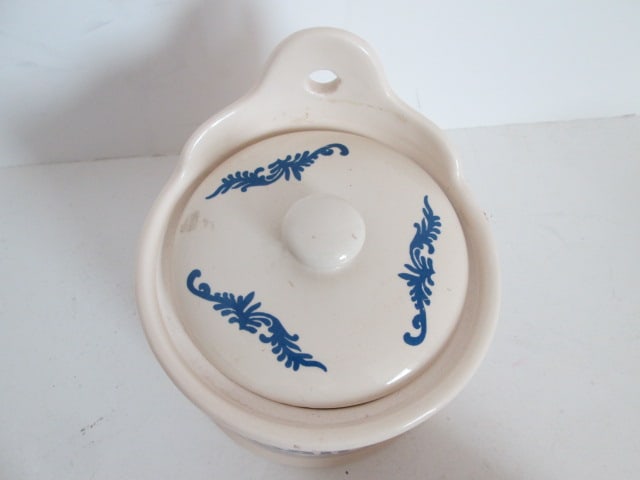 Ceramic Salt Cellar, Wood Butter Mold and Miniature Brown/White Stoneware Crock - 8
