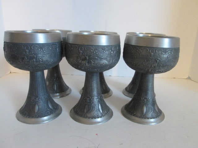 Six Vintage German Pewter Embossed Pastoral/Hunting Scene and Scrollwork Chalise/Goblets (1 of 6)