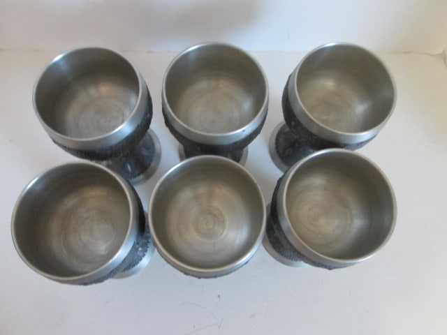 Six Vintage German Pewter Embossed Pastoral/Hunting Scene and Scrollwork Chalise/Goblets - 2