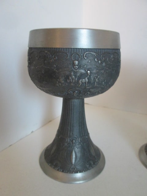 Six Vintage German Pewter Embossed Pastoral/Hunting Scene and Scrollwork Chalise/Goblets - 3