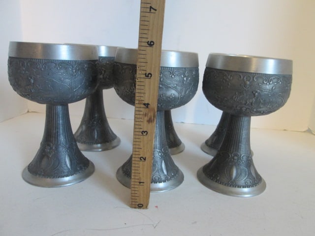 Six Vintage German Pewter Embossed Pastoral/Hunting Scene and Scrollwork Chalise/Goblets - 6