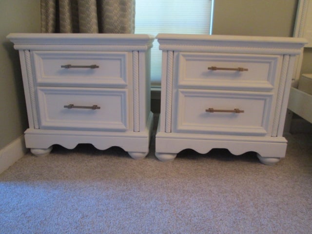 Pair of Dover Manor Painted Cream 2 Drawer Nightstands: 26" x 16" x 25", turned bun feet, Local Pickup Only