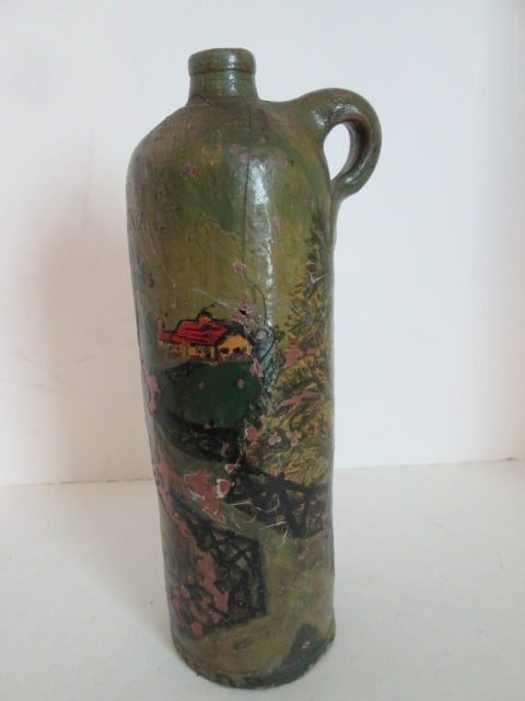 Antique Handpainted Countryside Landscape Stoneware Cider/Beer Bottle: 12"h