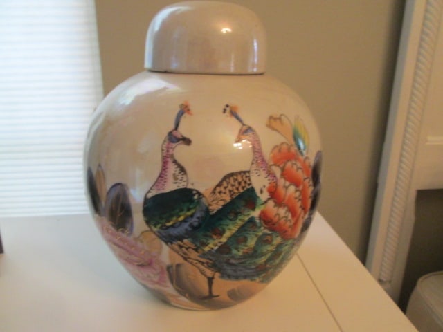 Large Pearlescent Luster Finish Chinese Ginger Jar with Handpainted Peacocks: 9 3/4"h