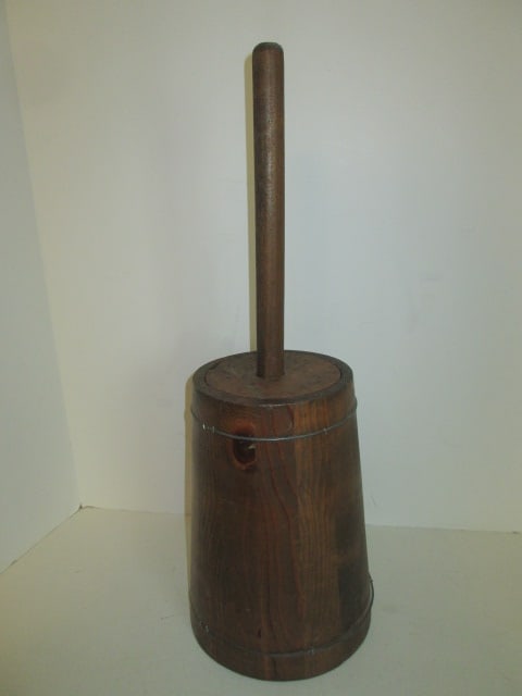 Folk Art Pine Wire Banded Wood Butter Churn: 21"h