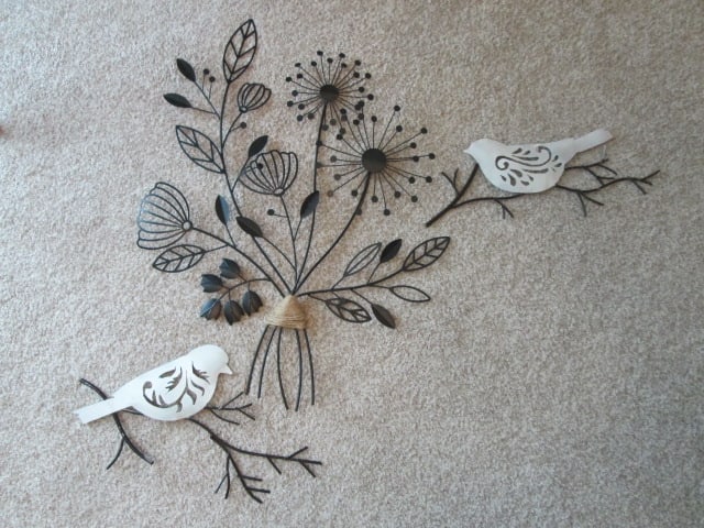Flower Bouquet and Bird 3 Piece Metal Wall Art Set: Flower bouquet approx. 20"w x 26"h, (2)birds on branch approx. 16"w x 10"h
