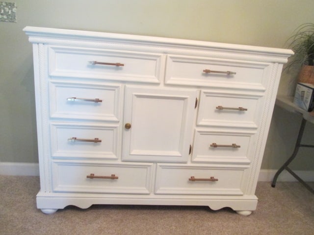 Dover Manor Painted Cream Tall Gentleman's Dresser: 54" x 17 1/2" x 42 1/2", eight drawers, hinged door center section with shelf, turned bun feet, Local Pickup Only