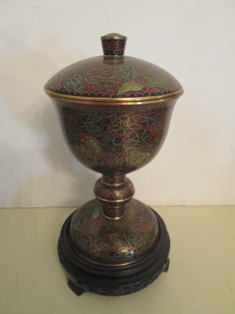 Cloisonne Lidded Compote with Wood Stand (1 of 4)