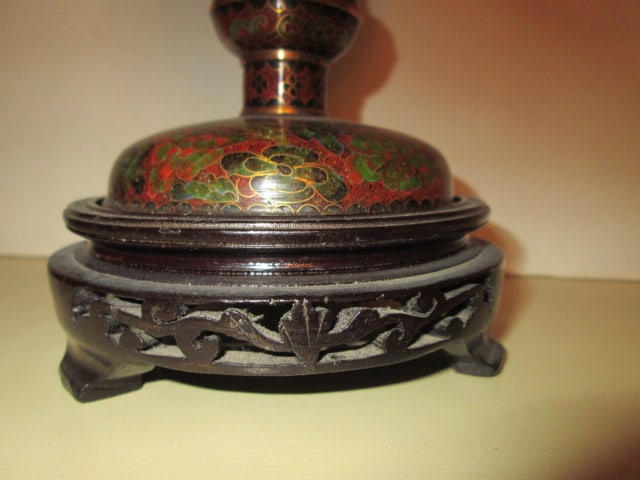 Cloisonne Lidded Compote with Wood Stand - 2