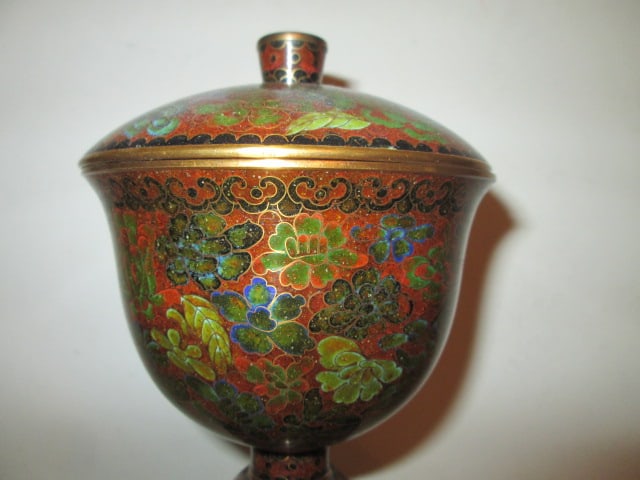 Cloisonne Lidded Compote with Wood Stand - 3