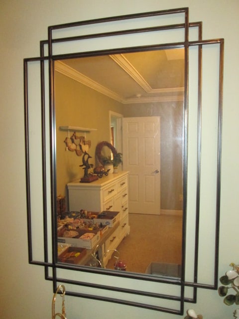 Contemporary Rectangular Layered Geometric Wall Mirror with Antiqued Black Metal Frame: 26" x 37", Local Pickup Only