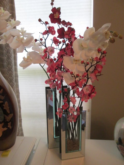 Two Contemporary Modern Beveled Mirrored Glass Rectangular Vases with Faux Cherry Blossom and (1 of 5)