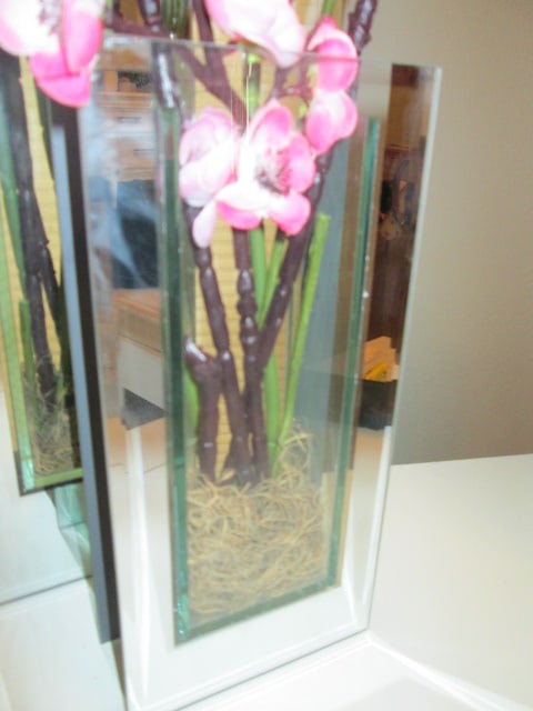 Two Contemporary Modern Beveled Mirrored Glass Rectangular Vases with Faux Cherry Blossom and - 2