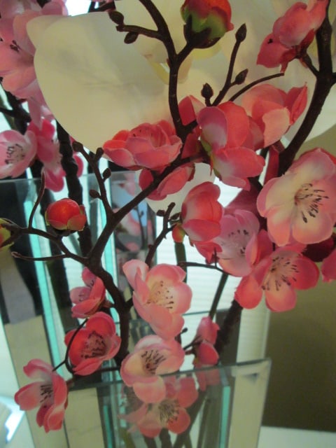 Two Contemporary Modern Beveled Mirrored Glass Rectangular Vases with Faux Cherry Blossom and - 3