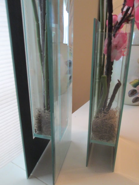 Two Contemporary Modern Beveled Mirrored Glass Rectangular Vases with Faux Cherry Blossom and - 4