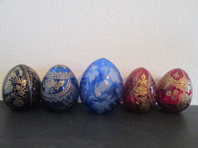 Five Russian Faberge Style Art Glass Eggs: (4)2 1/2"h, (1)2 3/4"h, all have sticker on bottom that reads "Russia Faberge Style Modern"